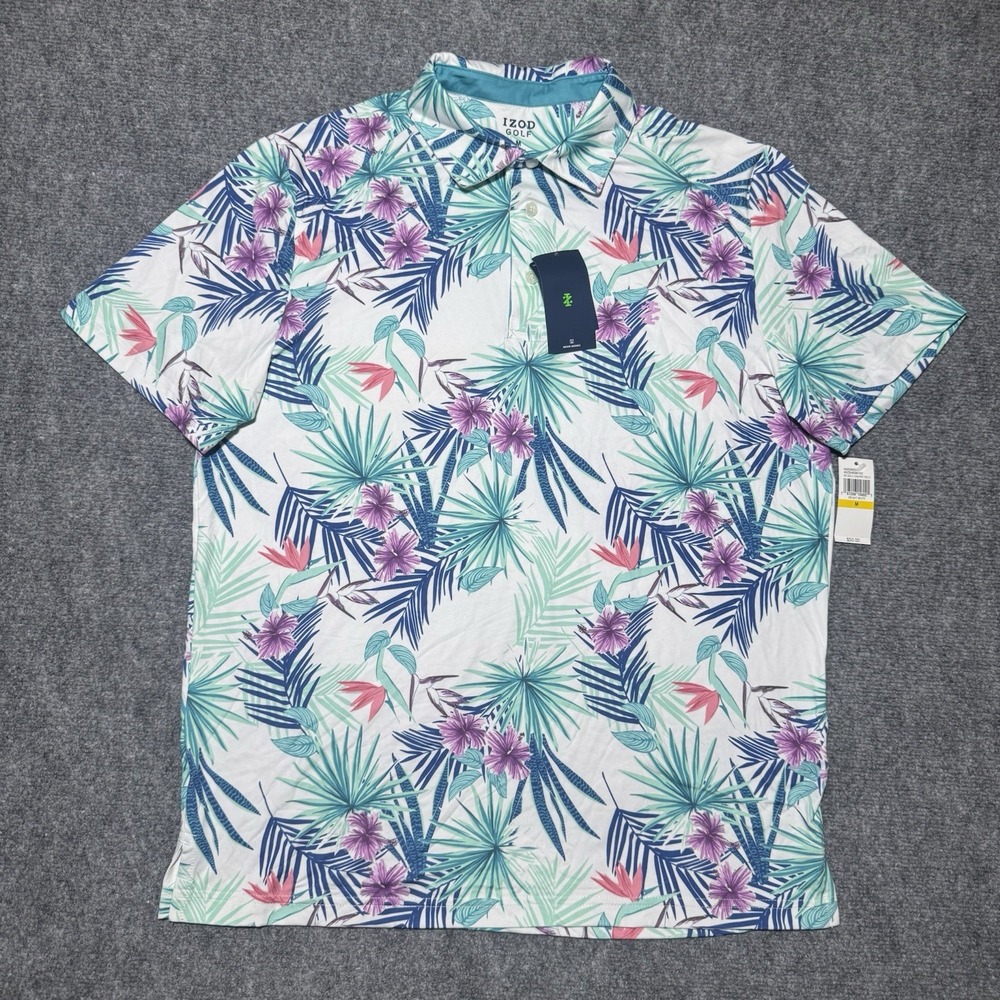 IZOD Golf Polo Palm Leaf Printed Performance Men Medium Blue Purple NEW NWT